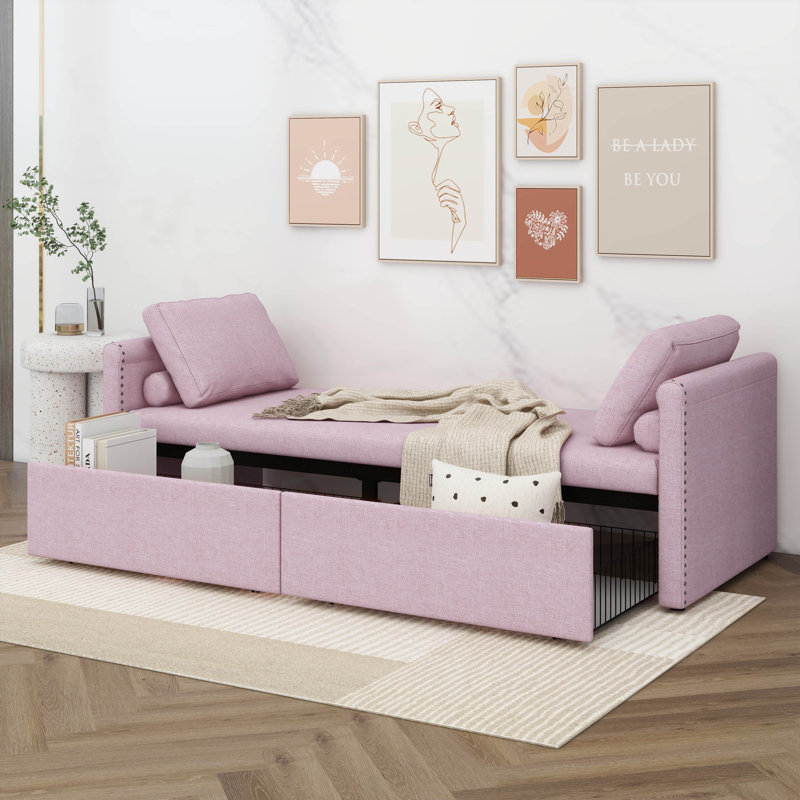 Modern Upholstered Chaise Lounger Daybed - A Small Single Size With 2 Built-In Drawers, Pink