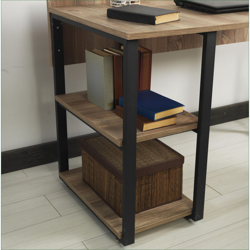 Desks, Industrial 58” Oak Top Computer Desk with 2 Shelves &amp; Black Metal Frame | Black | Solid Wood