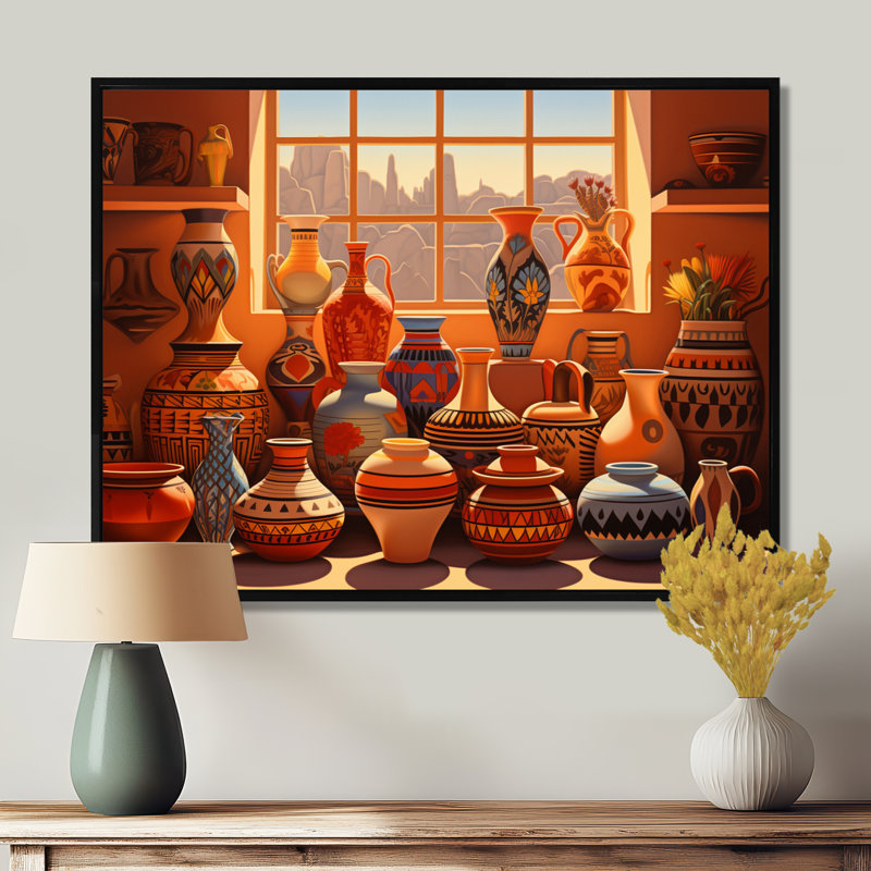 Vase mexicain en terre cuite fenêtre vue coucher de soleil - impression d'art mural fenêtre florale, Cadre flottant noir