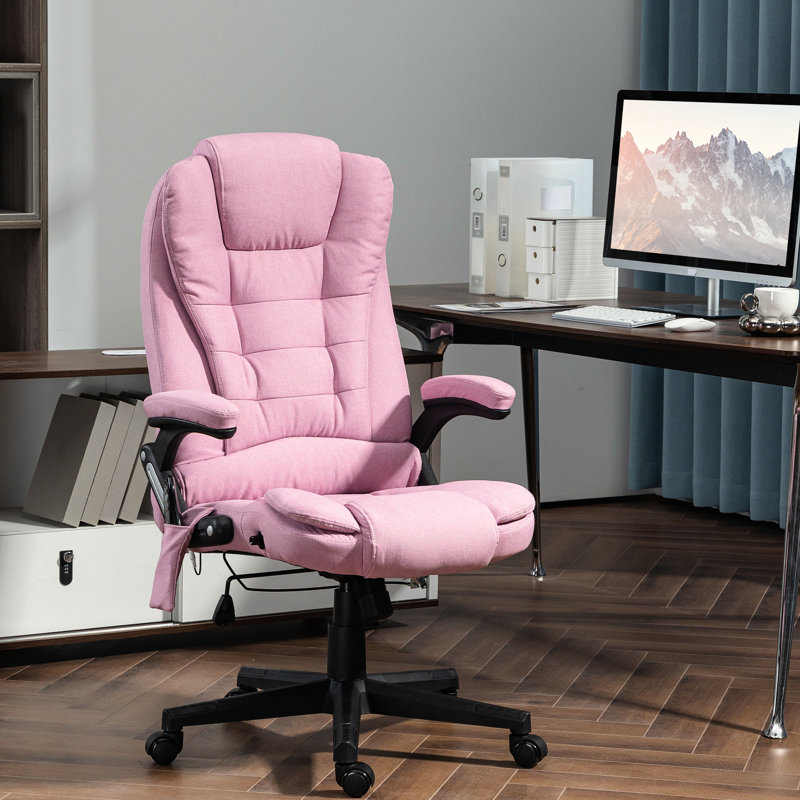 All Day Comfortable Office Chair In Pink, 6 Point Vibrating Massage, Heat, Reclining , Armrest Padding Pink Massage With High Back Soft Fabric, Padded