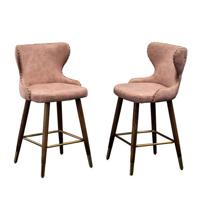 Pink Mid-century Modern Counter Stool Of 2 - Faux Leather , Nailhead Trimmed, Suede-like Upholstery, Button Back, Tapered Walnut Legs, Gold Metal Footrest Design, Footrest, Seat, Legs