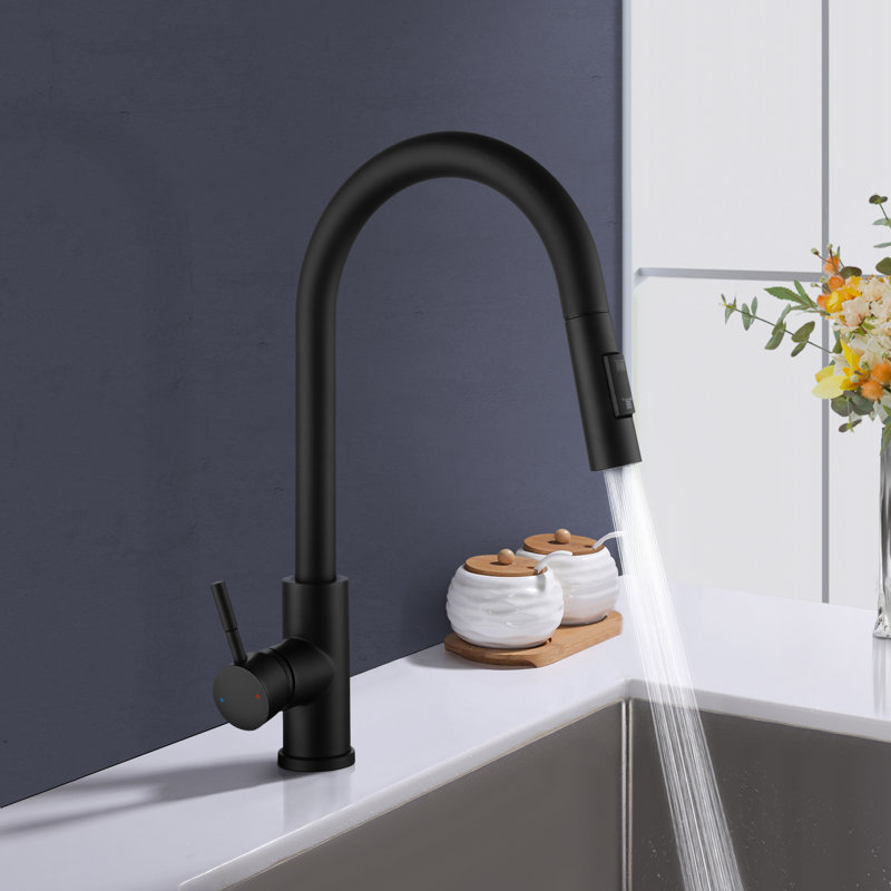 Topcraft Stainless Steel Single Handle Pull-Down Sprayer Kitchen Sink Faucet with 360° Swivel Spout, Matte Black