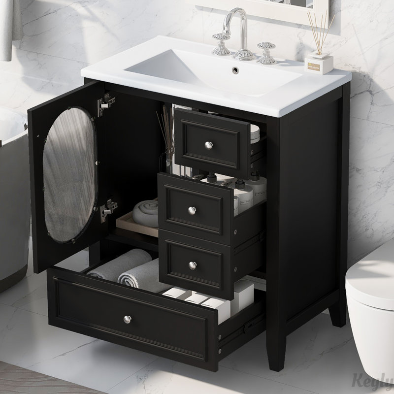 Meuble-lavabo 30 po avec lavabo, trois tiroirs et porte, Noir