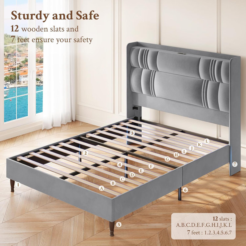 Structure de lit tête de lit en velours avec ports de charge USB, Grand lit, Gris clair