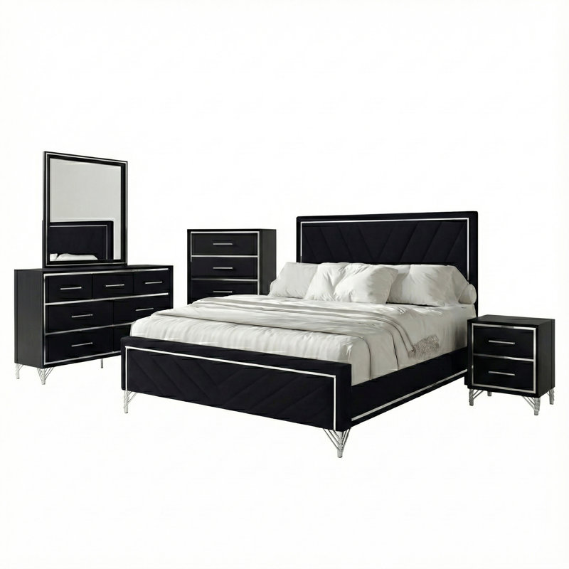 Ensemble de chambre avec très grand lit en bois 5 pièces Holtzclaw, Ensemble de 5 pièces : lit, table de chevet, com