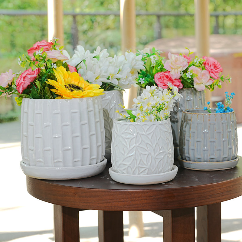 2 Pcs Handmade Ceramic Flower Pots With Saucer, Round Striped Planter Set With Drainage Holes, Garden Plant Pot Flower Vase For House Plants, White
