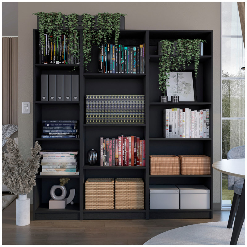 Dupree 3 Piece Home Bookcase Set, 67" Wide With 14 Shelves ,  Living Room Set Set  Black, Black