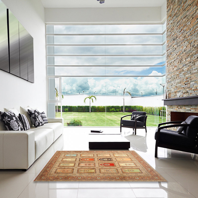 Tapis contemporain brun / noir / bleu, Carré 4 pi