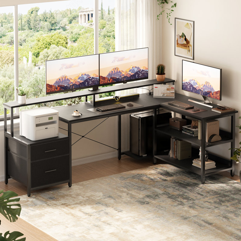 Kaedence L-Shaped Writing Desk, gaming desk with leds, office desk with outlets, 30" H x 72" W x 11" D, Black/Black