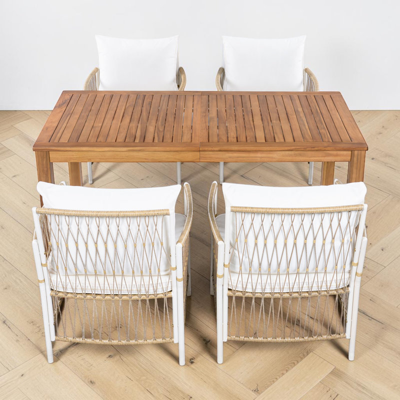 Ensemble 5 pièces de table de salle à manger de patio, table en bois d'acacia, chaises en rotin, usage contemporain et extérieur