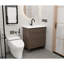 Meuble-lavabo de style Mid-Century de 76 cm (30 pouces) avec armoire marron, lavabo en céramique blanche, rangement sous lavabo, porte à fermeture amortie et motif horizontal à lattes, design moderne et réglable.
