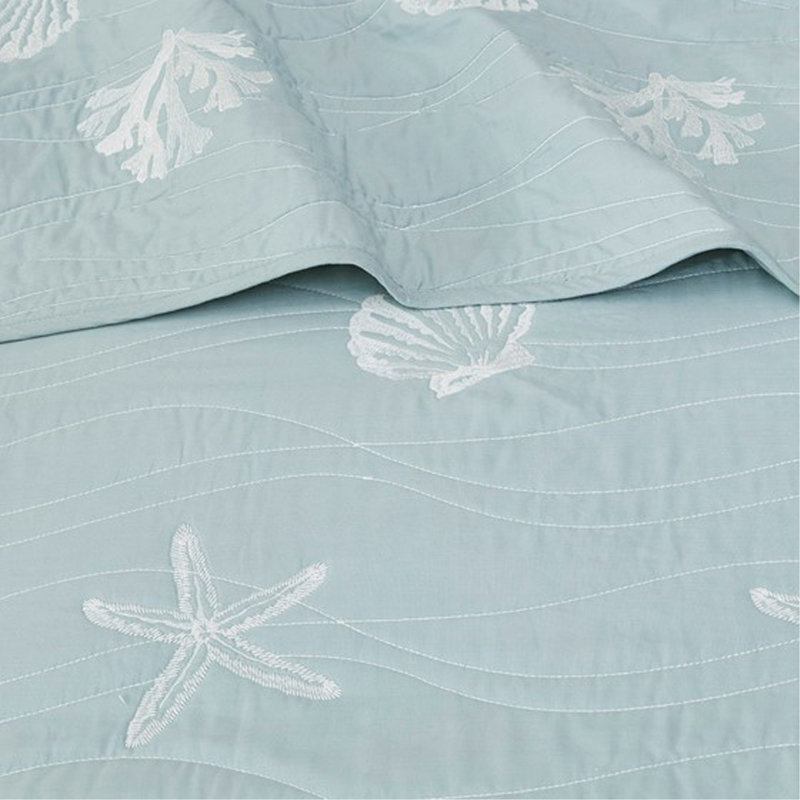 Ensemble de courtepointe brodée réversible en coton 4 pièces avec coussin décoratif turquoise