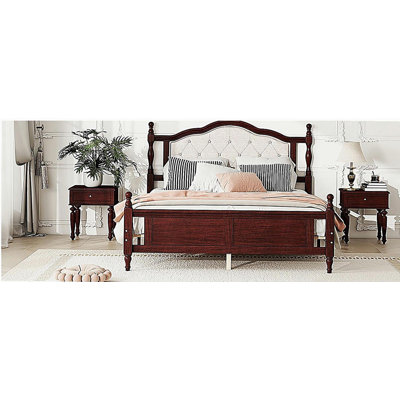 Queen Pine wood bed with padded headboard and panel footboard, equipped with two bed rail support legs and a central platform support leg