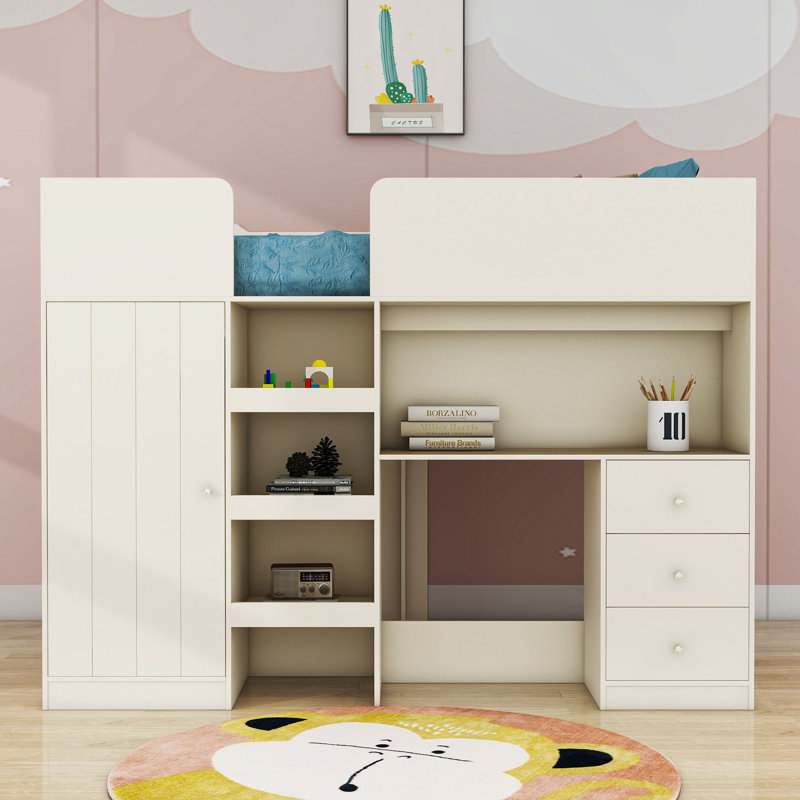 Alfreada Full Size Wood Loft Bed With Wardrobe,Desk And Drawers