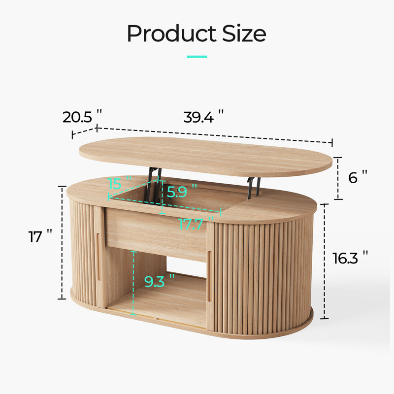 Table basse à plateau relevable avec rangement, Bois de chêne