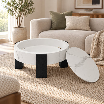 33 Inch Round Coffee Table with Removable Lid, Marble-Grain Top and Hidden Storage Compartment