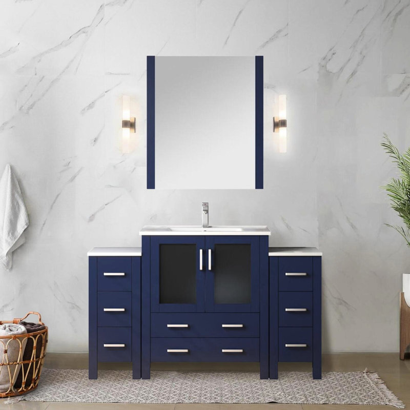 54 po Large meuble-lavabo bleu marine avec comptoir en céramique blanche, robinet et 28 miroirs de salle de bain, Navy Blue
