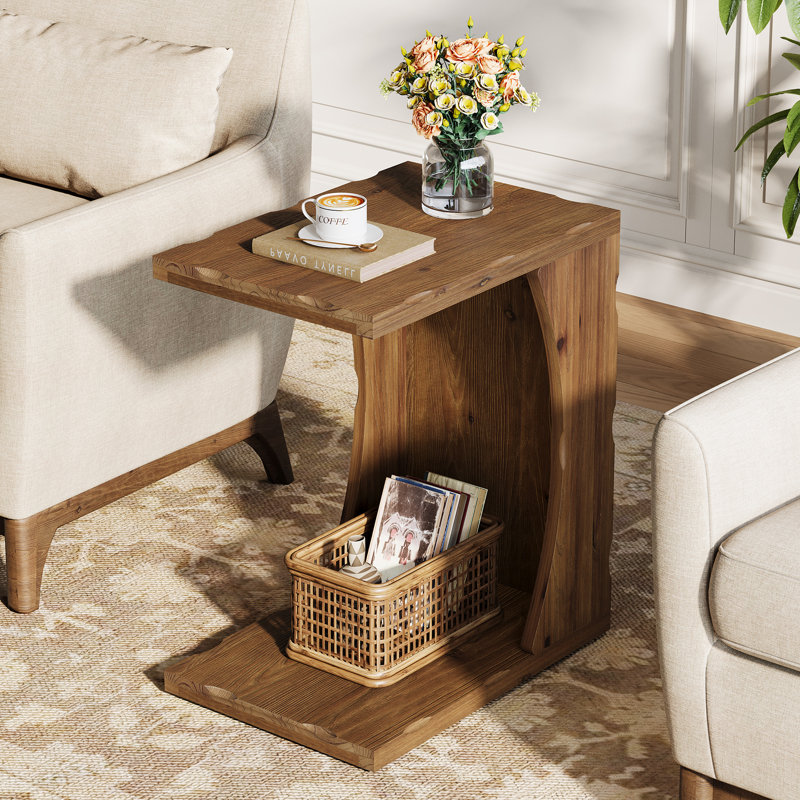 Table de bout en bois massif avec base en C pour canapé, côté lit