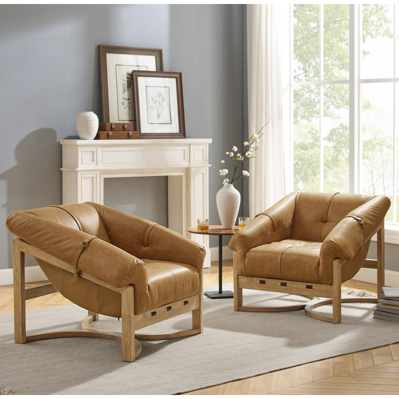 Rod 33''W Full-Grain Genuine Leather Upholstered Armchair Leisure Lounge Chair with Ash Wood Base, Cognac Genuine Leather