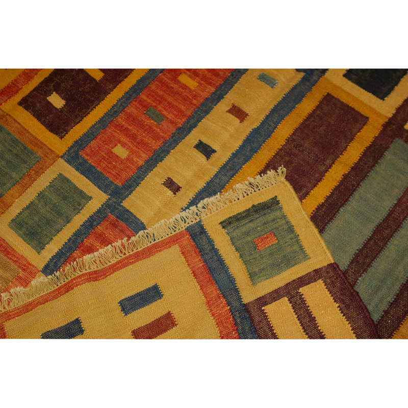 Tapis bleu / orange / vert en laine noué à la main 6 pi 2 po x 8 pi 11 po Patchwork