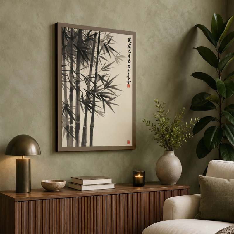 Bamboo in Ink Japandi - Wrapped Canvas, 36x24 - 91.4 x 61.0 cm, Black Border