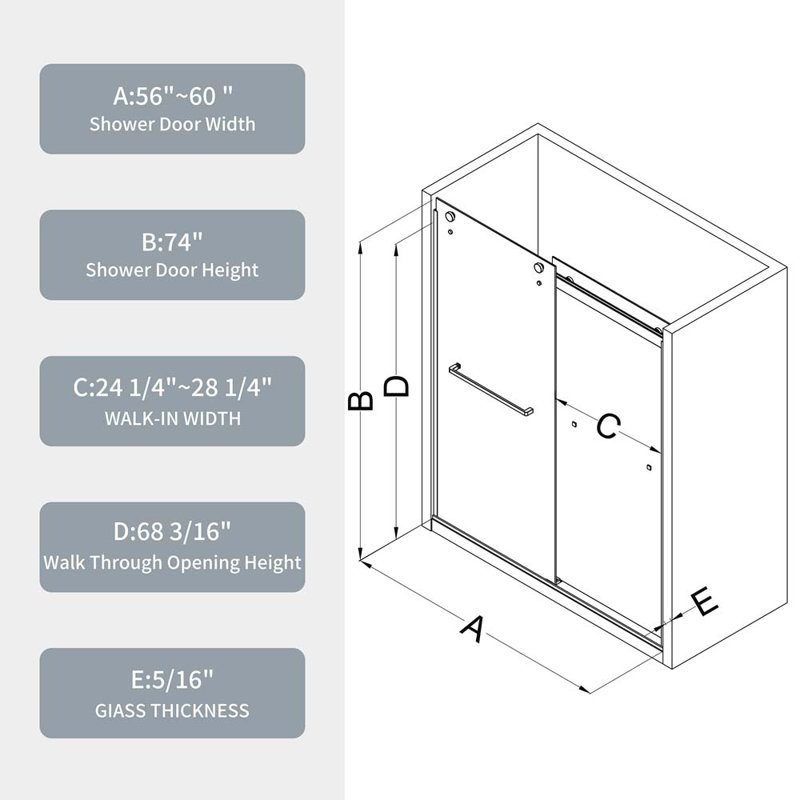 Porte de douche sans cadre de l 56 po x H 74 po, Nickel brossé