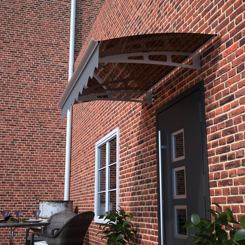 Auvent de porte - 47 po x 34 po. Toit en polycarbonate. Rouille - Supports. Chauffer. Extérieur. Toile brun foncé 34 po de profondeur et de résistance au vent