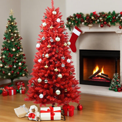 Arbre de Noël rouge de 4 pi, arbre en PVC avec branches articulées pour une installation facile, support en métal stable, décoration audacieuse des Fêtes