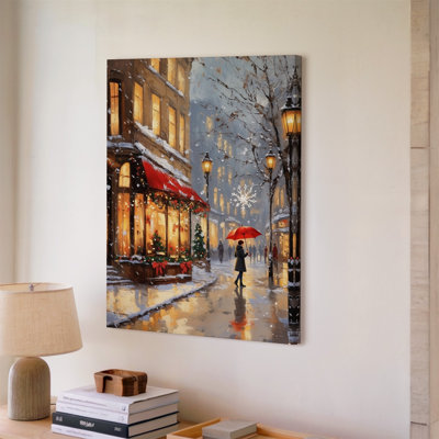 Toile "Cozy Winter Street Scene Set pendant Twilight" avec art mural, charmant café orné d'un auvent rouge vif et art mural sur toile festif