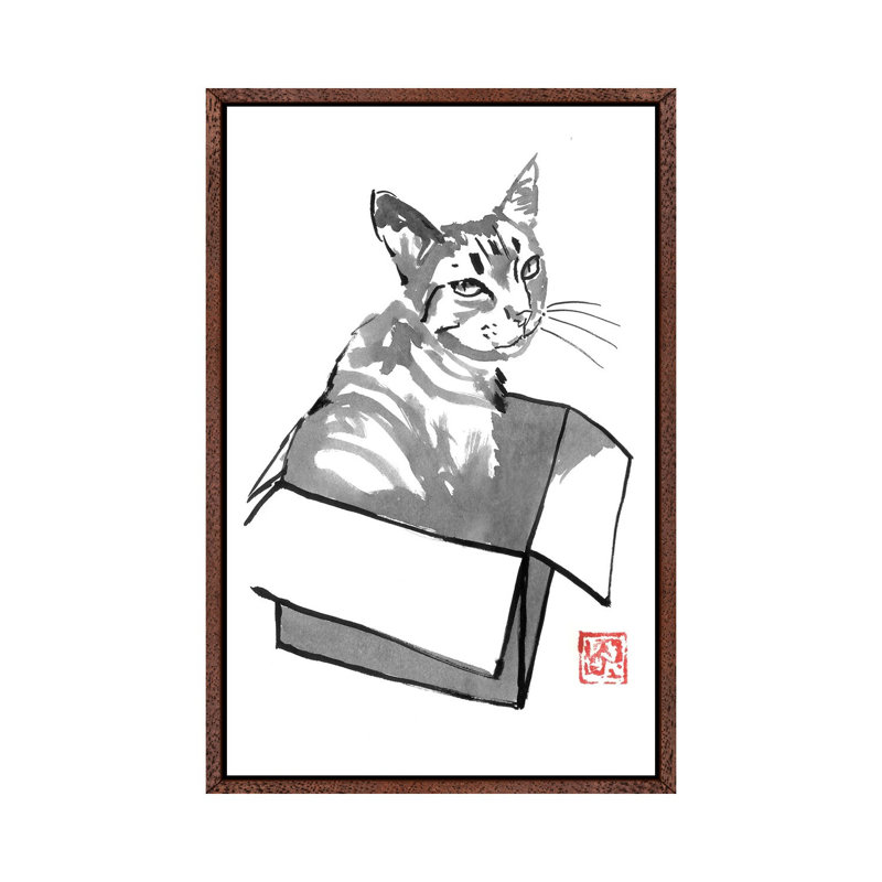 Cat In Box by Péchane - Painting on Canvas, Classic Brown Wood Framed, 152.5 cm H x 101.5 cm W