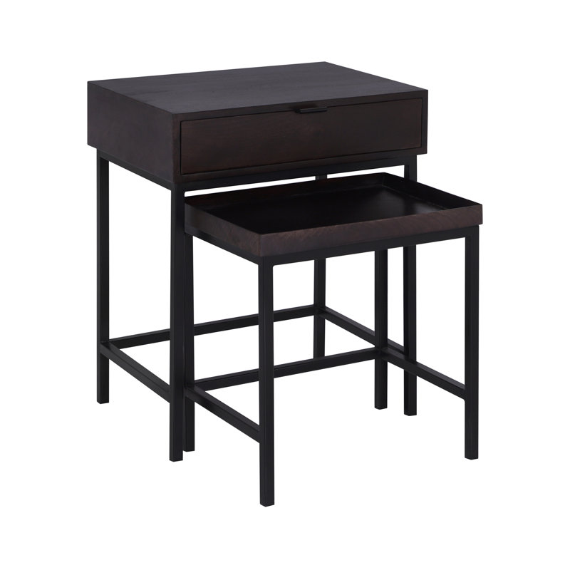 Atelier Industrial Solid Wood Nesting Table Set of 2 with Drawer and Tray Top, Choco Brown