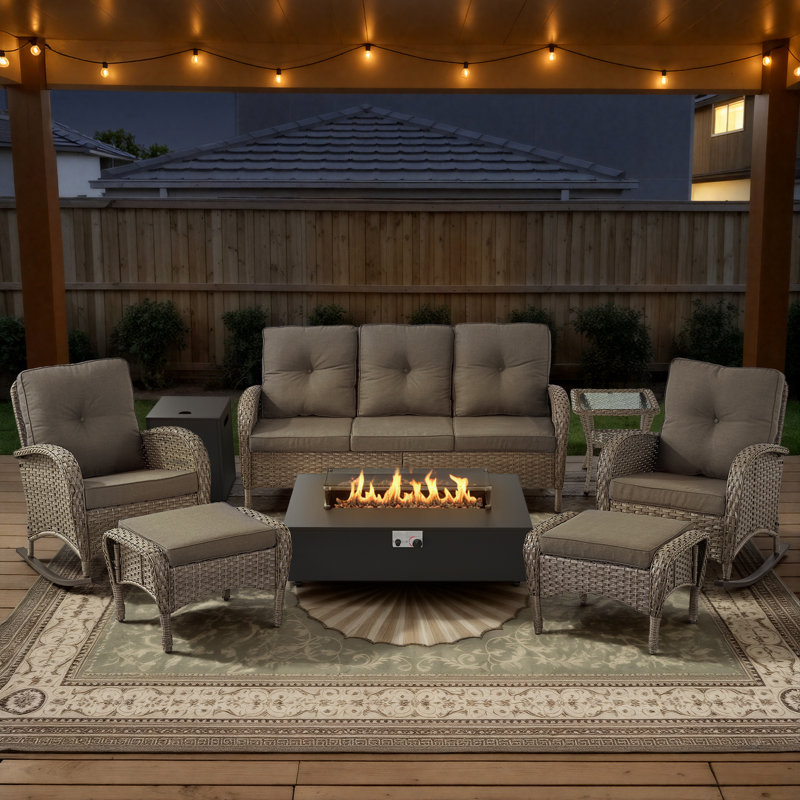 Esquer 7-Piece Outdoor Wicker Nighttime Conversation Set With Rocking Chairs, Ottomans And Fire Pit Table, Gray, Gray
