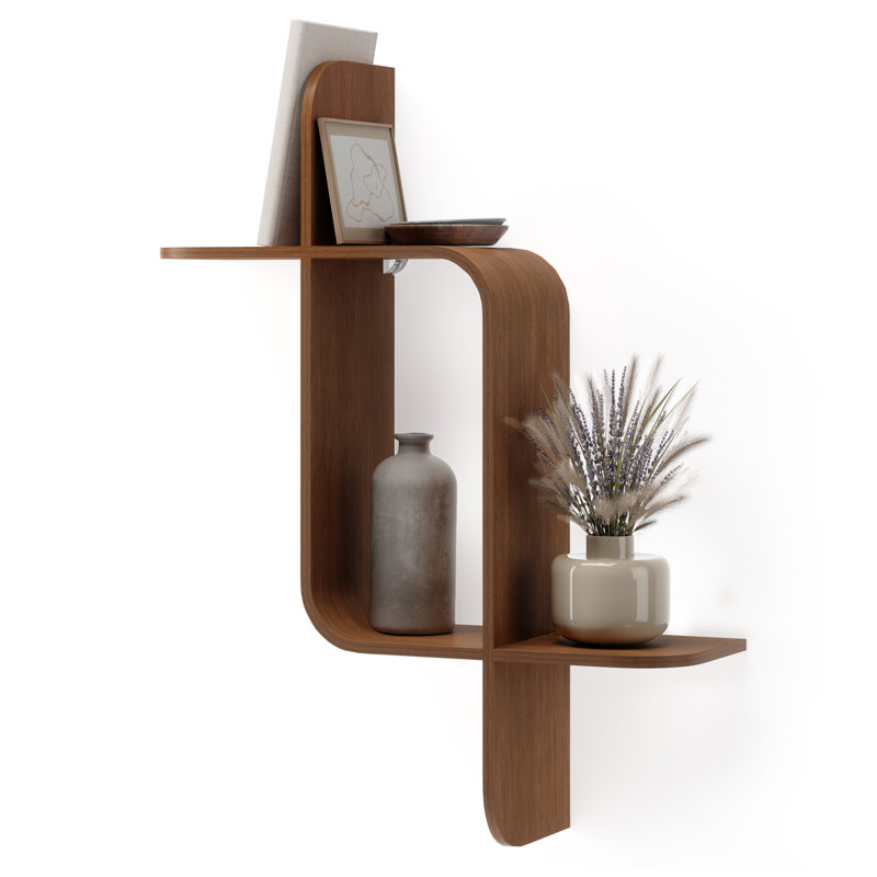 Elias Light Walnut Rubberwood Modern Wall Shelf