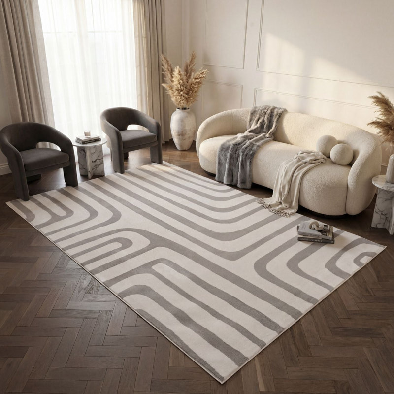 Loft Modern Curved Line Living Room Area Rug and Runner Soft Pile, Grey/Ivory, Rectangle 200 x 290 cm