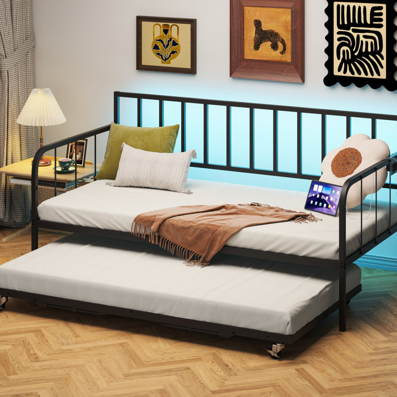 Lit de jour simple avec lit gigogne, structure de lit en métal pour chambre d'amis, peu encombrant, éléments classiques de style moderne, support robuste, rangement inférieur, assemblage facile, construction facile