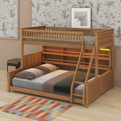 Bunk Bed With Storage, Solid Wood Bunk Bed With Shelves, Color-Changing Lights, Guardrails And Pegboard