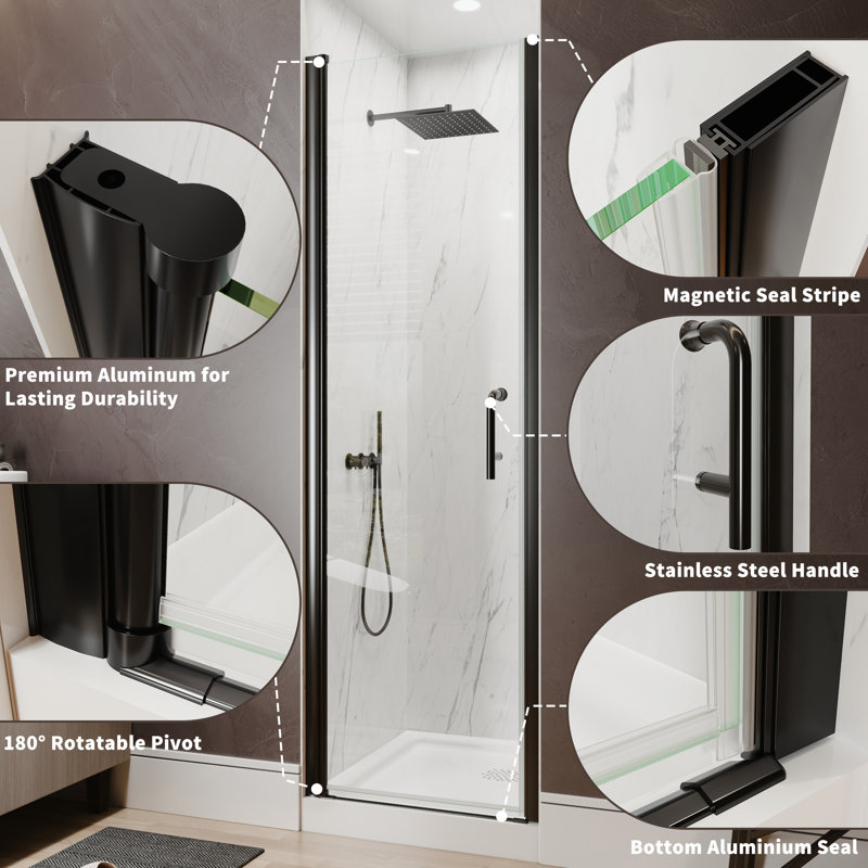 24-25.9 in. W x 72 in. H Pivot Swing Frameless Shower Door with Clear SGCC Tempered Glass, Matte Black