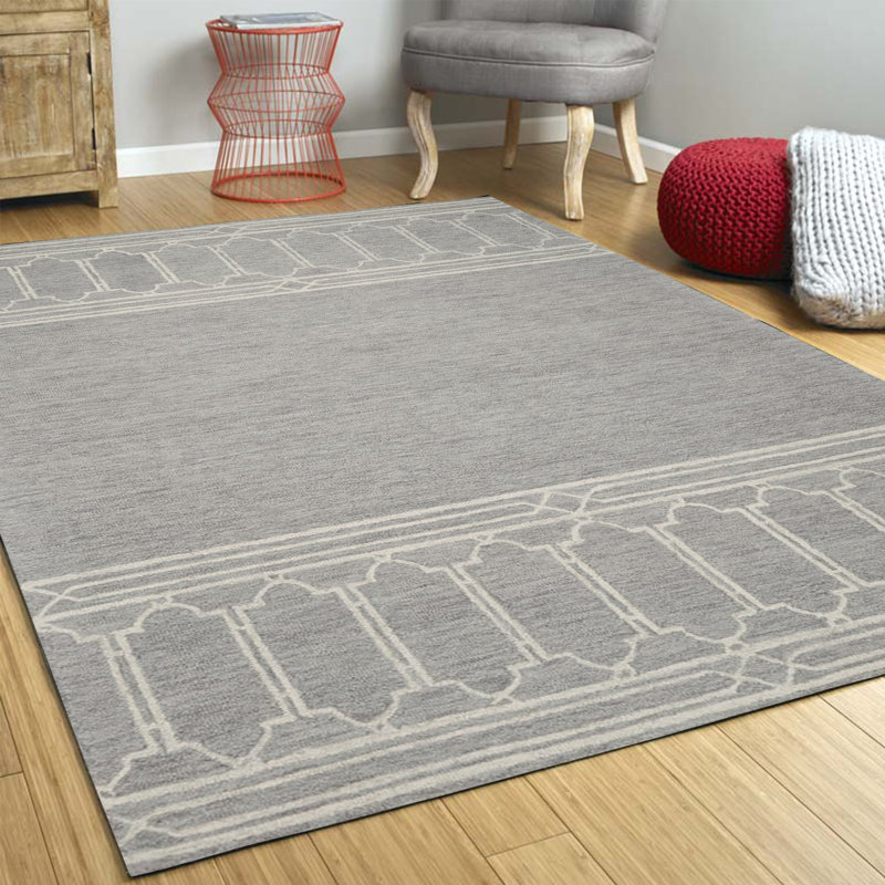 Tapis d'intérieur en laine à motif géométrique gris / blanc 5 pi x 7 pi Analidia