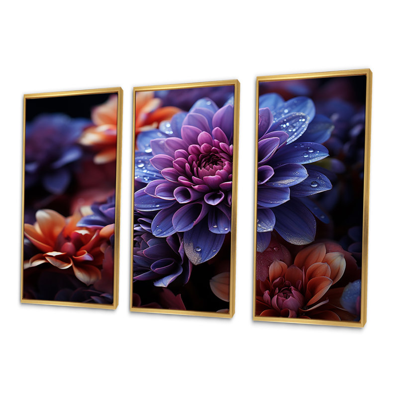 «Mums Nocturnal Elegance Midnight Indigo I», ensemble d'art sur toile Mums, Cadre flottant doré, H 28 po x l 36 po x P 1 po