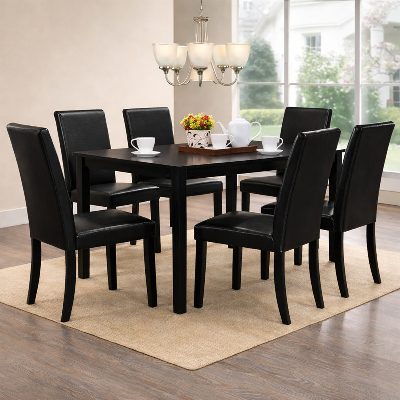Ensemble de salle à manger rectangulaire 7 pièces 59 pouces Boleradice, finition noire avec chaises rembourrées en similicuir noir, bois d'hévéa massif