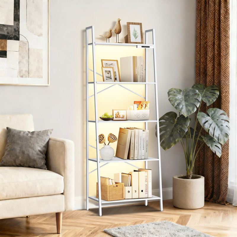 5-Tier Metal Ladder Bookcase with Lighting, White