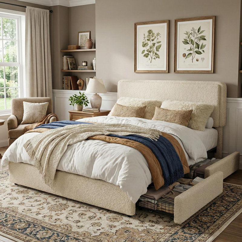 Base de lit pleine grandeur en molleton Teddy, base de lit crème Cloud avec 2 tiroirs de rangement et tête de lit réglable, tissu en peluche doux, aucun sommier requis, assemblage facile, crème