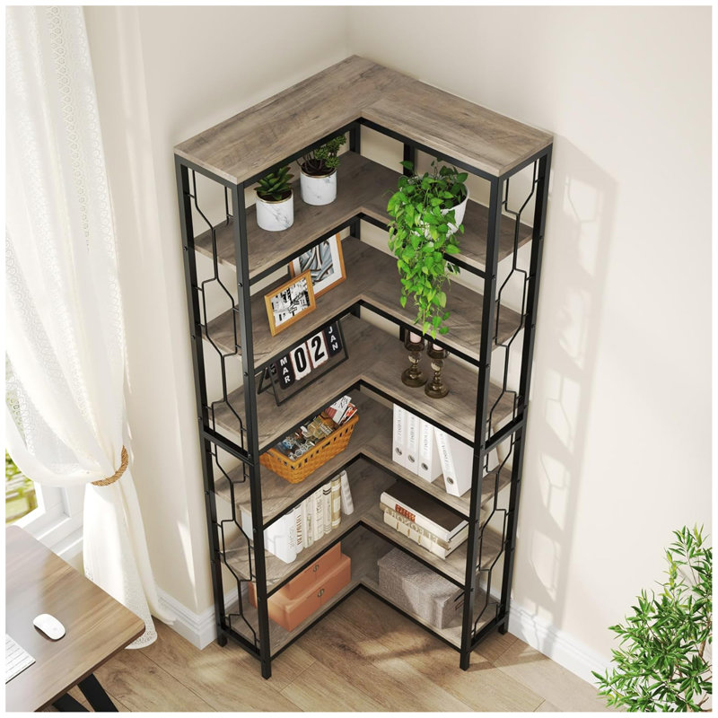 78.74" Tall 7-Tier Industrial Grey Corner Bookshelf Tall Wood Metal Etagere Display Shelf For Home Office, Living Room & Kitchen