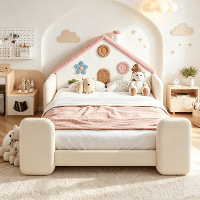 Lit rembourré en forme de maison pour enfant, lit de sol rembourré en forme de maison, lit rembourré pour enfant avec barrières de sécurité, lit plateforme, cadre de lit enfant solide, cadre de lit de sol bas, pour chambre de fille ou salle de jeux
