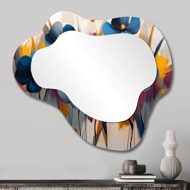 Miroir mural rouge et bleu avec fleurs bleues et bleuet, 25 po x 28 po