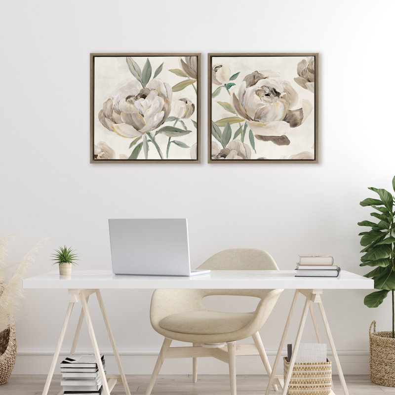Neutral Lustrous Peonies 2pc Floating Frame Set, design by Aria K., 18" H x 18" W, Montalcino Elm Floater Frame