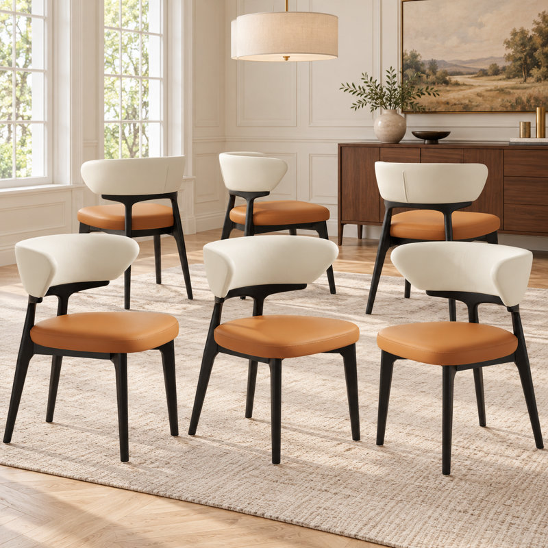 Ensemble de 6 chaises de salle à manger modernes entièrement assemblées, revêtement en similicuir blanc et brun caramel, pieds en bois massif