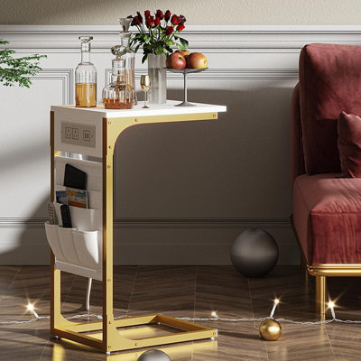C Shaped End Table With Charging Station, Side Table For Sofa, Couch Table With Storage Bag, TV Tray Table With 2 USB Ports And Outlets For Living Room, Bedroom, White And Gold Set of 2