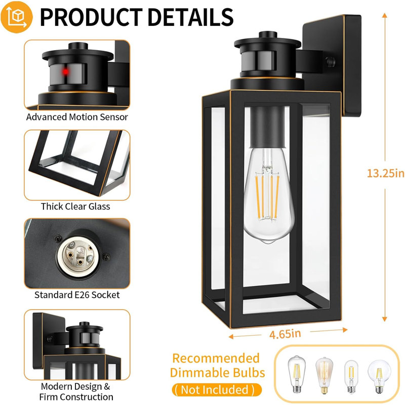 2-Pack Motion Sensor Outdoor Wall Lights, Waterproof Dusk To Dawn Exterior Wall Light Fixtures, Oil Rubbed Bronze Outside Porch Lights For House Garage, Motion Sensor Wall Lanterns With Clear Glass