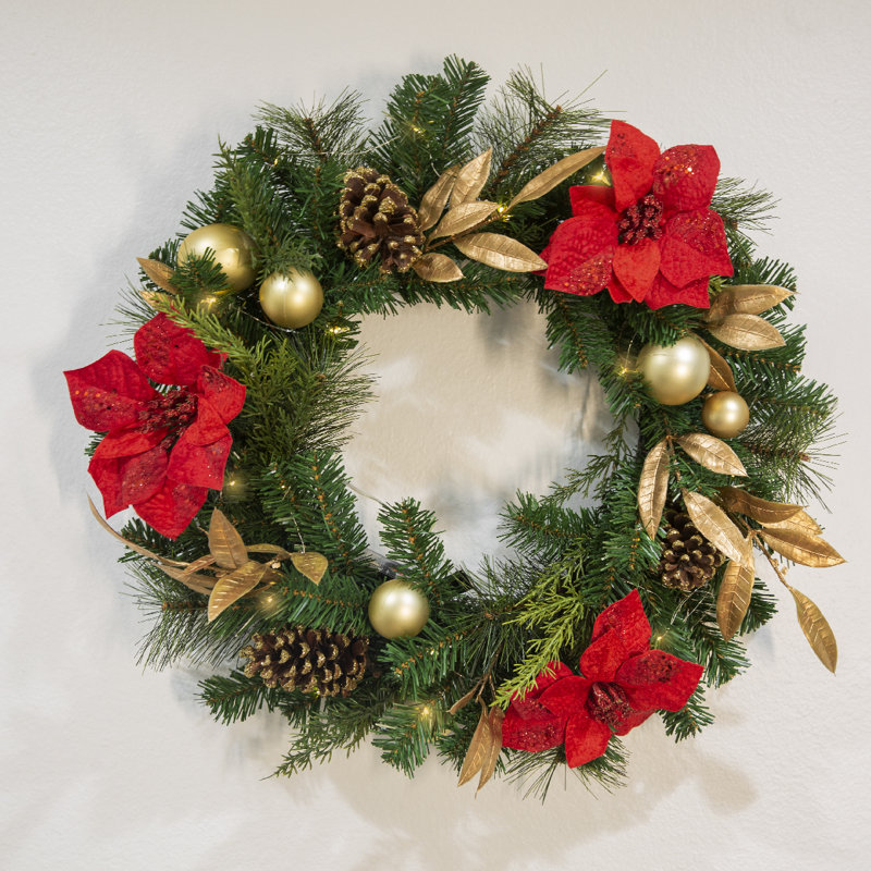 24" Red Ruby Pre-lit Holiday Wreath